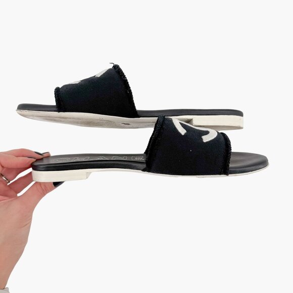 Chanel CC Flat Mule Slide Sandals EU 37 US 6-6.5 Black Knit Fabric Logo Slipper - Picture 8 of 12